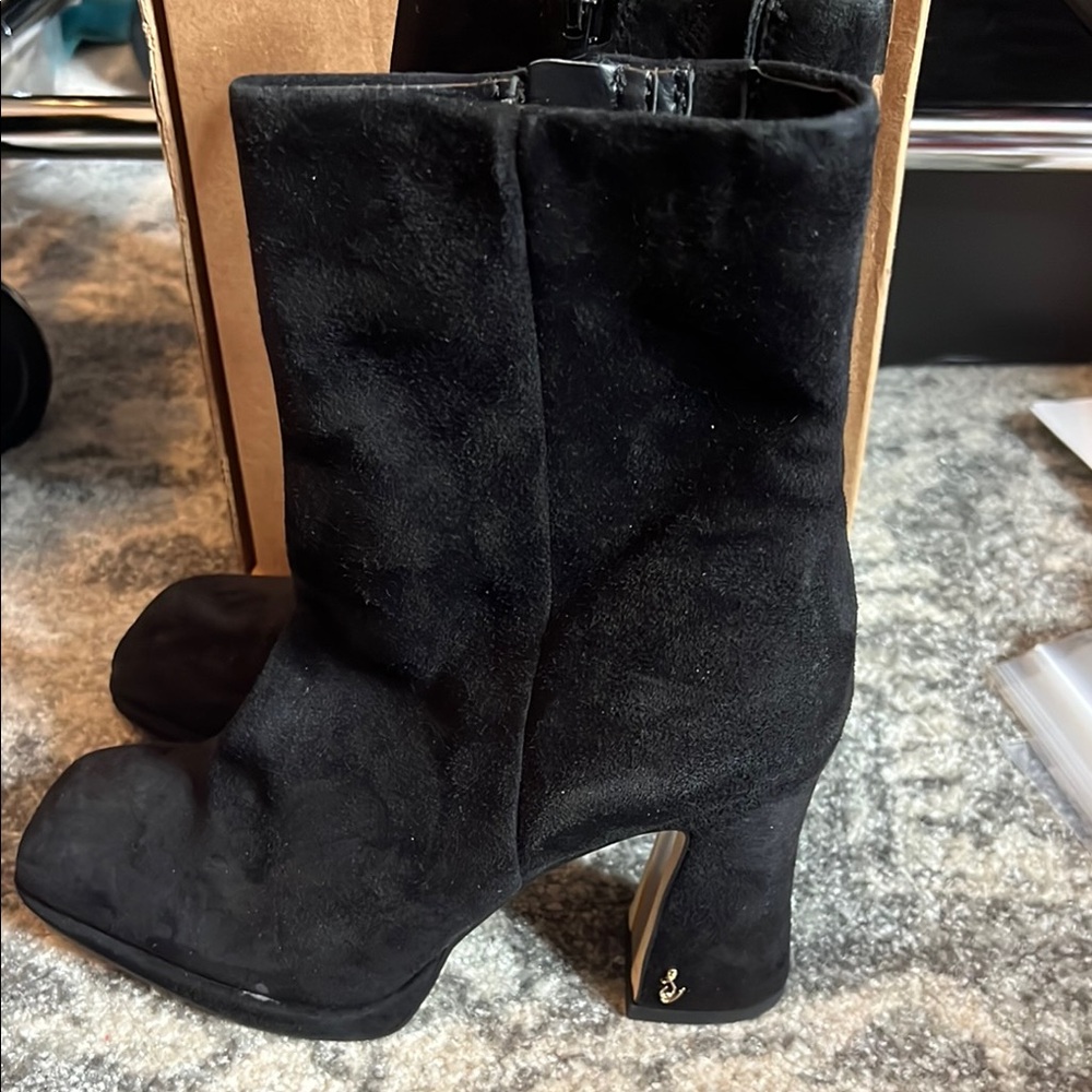 Black Suede Mid-Calf Block Heel Boots - Women